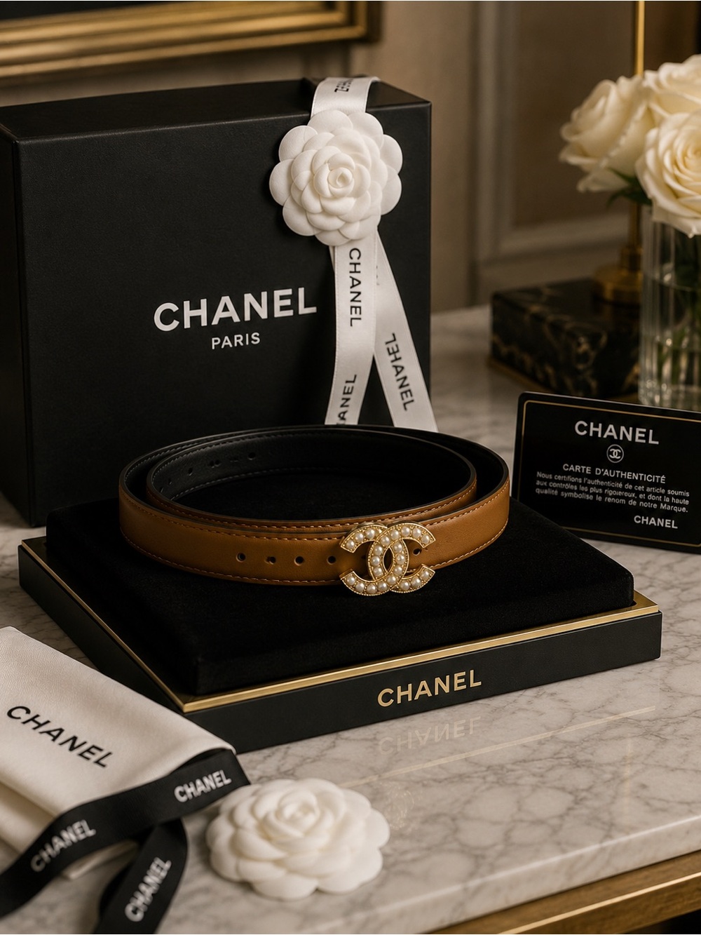 Luxury Fashion Brown Leather Belt with Pearl Accent